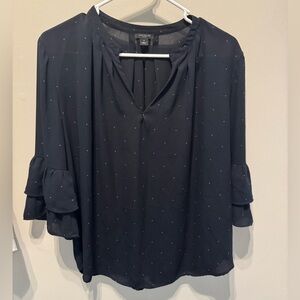 Ann Taylor Sheer Navy Blouse with Ruffled Sleeves Large Petite